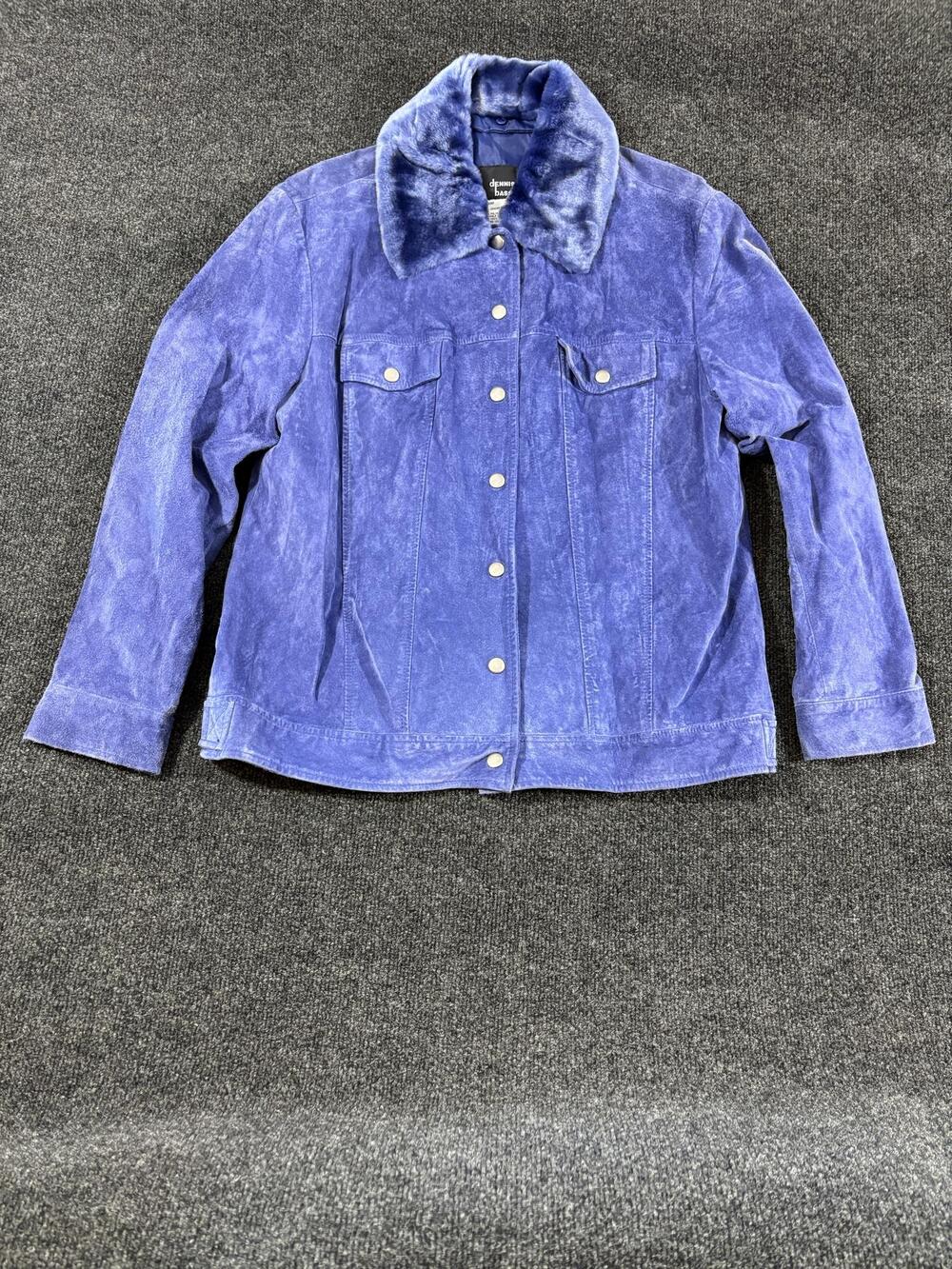 Dennis Basso Jacket Womens M Blue Leather Faux Fur Collar Snap Front Lined